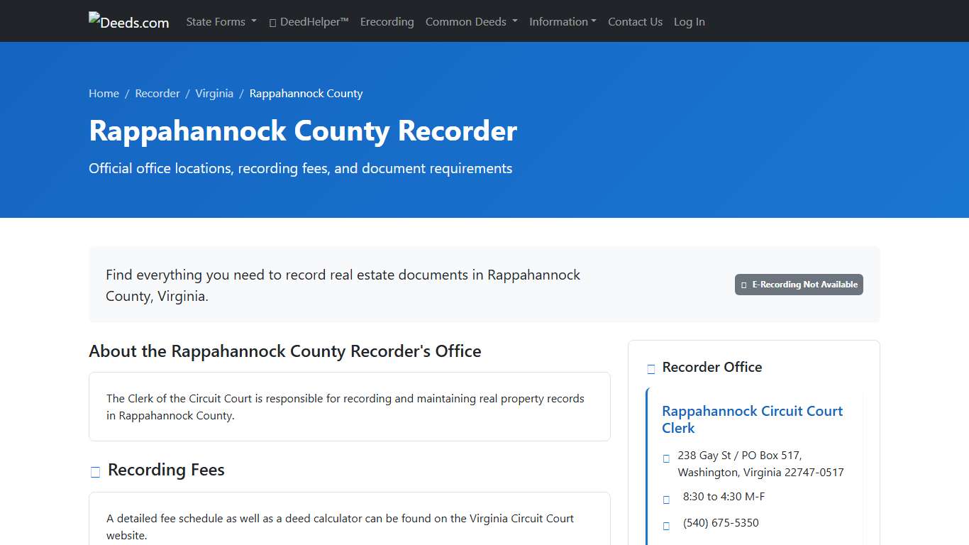 Rappahannock County Recorder Information, Virginia - Deeds.com